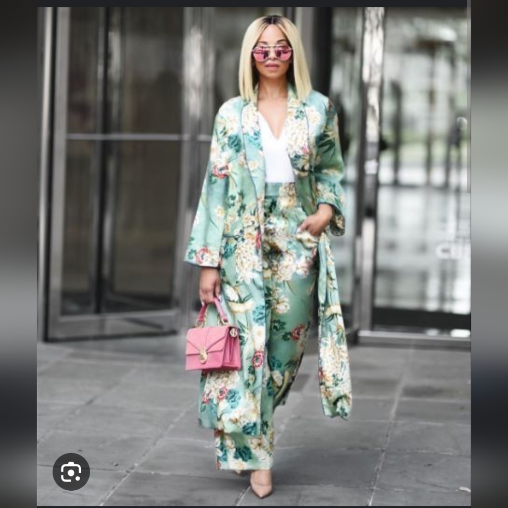 Zara tropical floral satin silk pajama style wide leg pant matching set